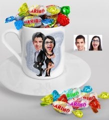 Kişiye Özel Sevgililer Karikatürlü Türk Kahvesi Fincanı ve Haribo Şeker Hediye Seti-6