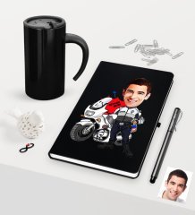 Kişiye Özel Bay Yunus Polis Karikatürlü Siyah Defter Kalem Termos Mug Seti
