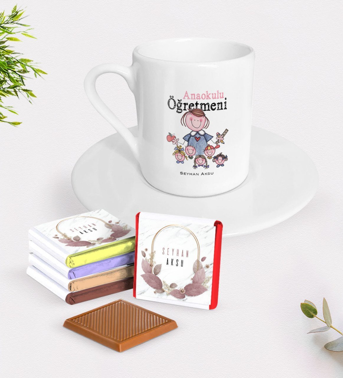 Kişiye Özel Anaokulu Öğretmeni Türk Kahvesi Fincanı ve Çikolata Hediye Seti-2