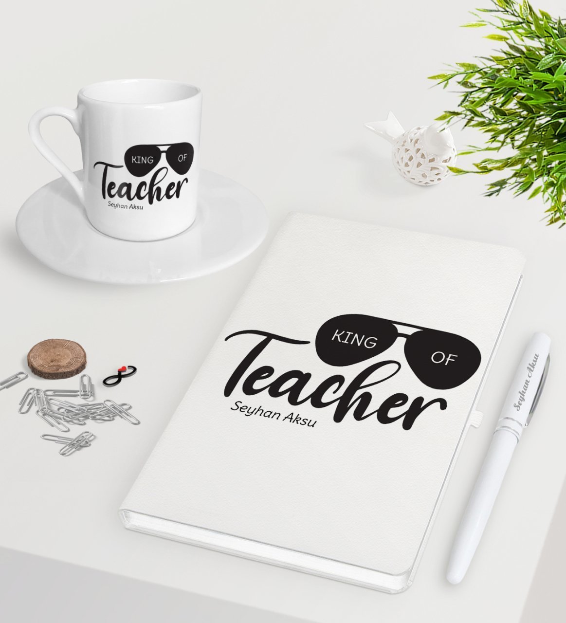 Kişiye Özel Öğretmenin Kralı Beyaz Defter Kalem Türk Kahvesi Fincanı Seti-1
