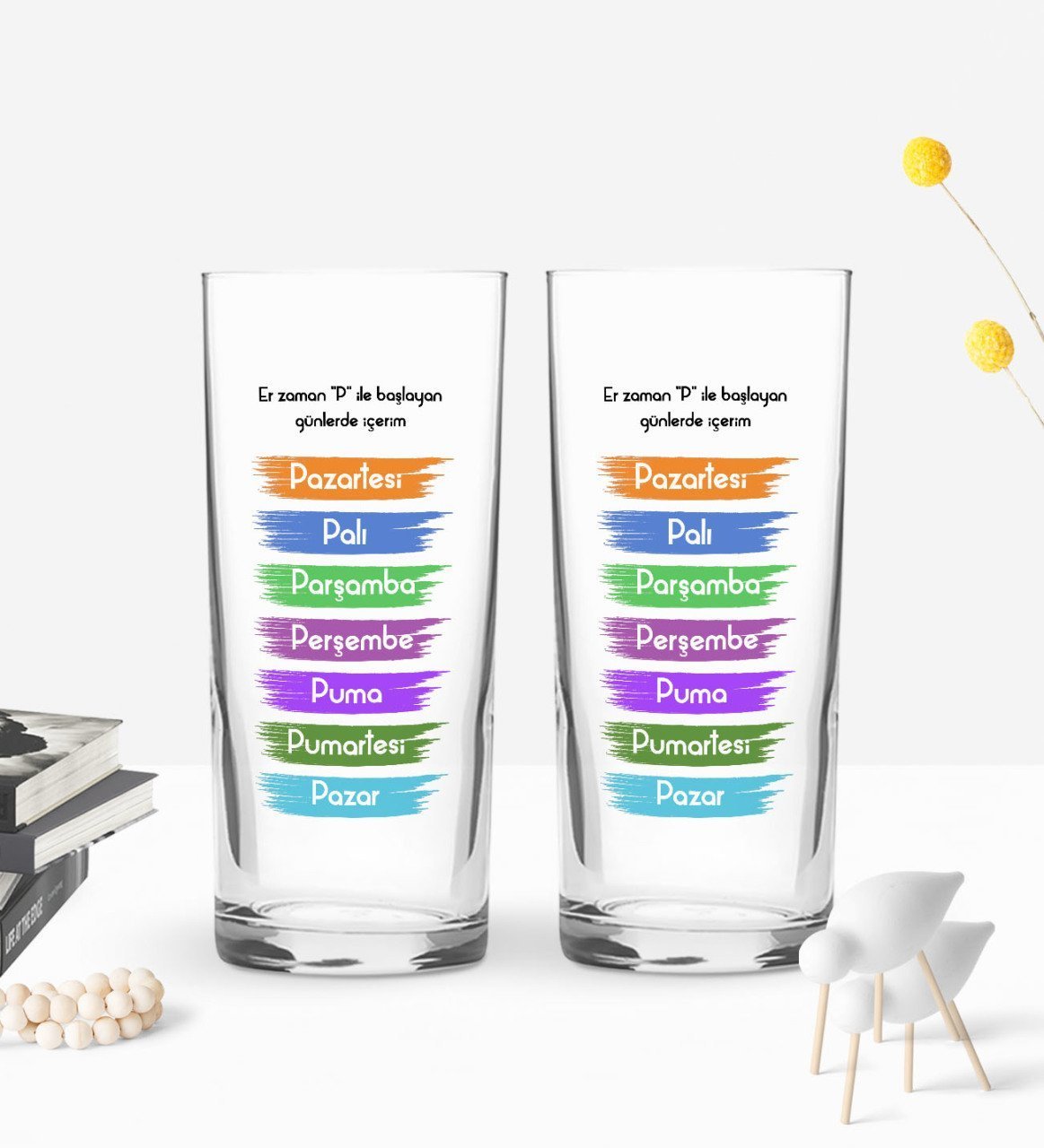 BK Gift Renkli Baskılı P İle Başlayan Günlerde İçerim Tasarımlı İkili Rakı Bardağı Seti-1