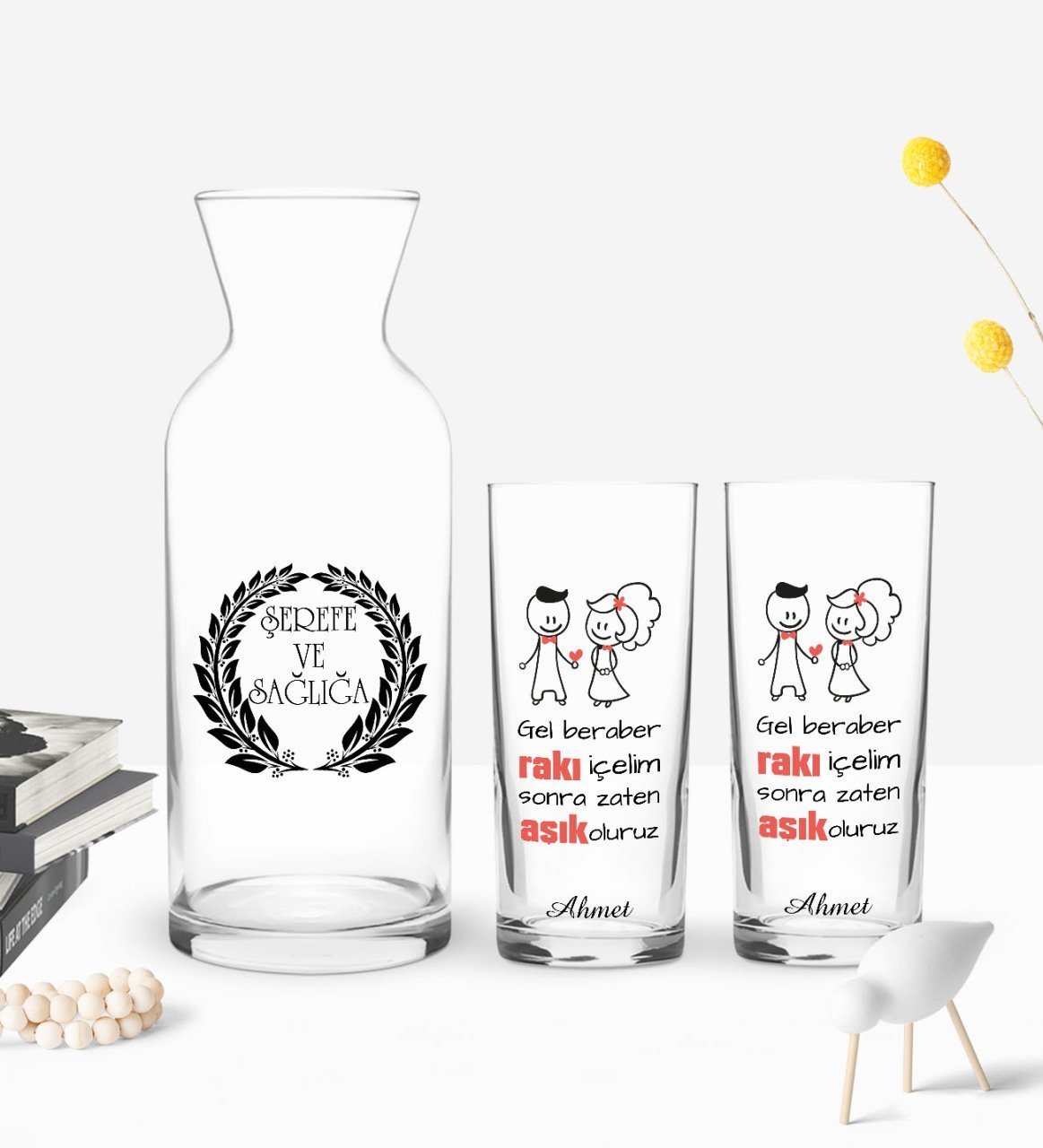 Kişiye Özel Renkli Baskılı Gel Beraber Rakı İçelim Tasarımlı İkili Rakı Bardağı ve Karaf Hediye Seti-1