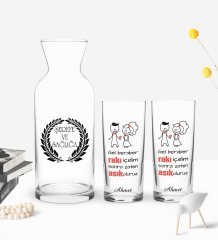 Kişiye Özel Renkli Baskılı Gel Beraber Rakı İçelim Tasarımlı İkili Rakı Bardağı ve Karaf Hediye Seti-1