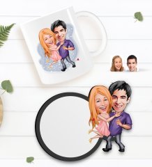 Kişiye Özel Sevgililer Karikatürlü Beyaz Kupa ve Ahşap Bardak Altlığı Hediye Seti-3