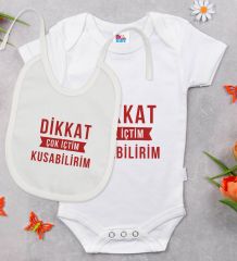 BK Kids Dikkat Çok İçtim Tasarımlı Beyaz Bebek Body Zıbın ve Mama Önlüğü Hediye Seti-1