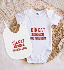 BK Kids Dikkat Çok İçtim Tasarımlı Beyaz Bebek Body Zıbın ve Mama Önlüğü Hediye Seti-1