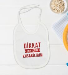 BK Kids Dikkat Çok İçtim Tasarımlı Beyaz Bebek Body Zıbın ve Mama Önlüğü Hediye Seti-1