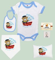 BK Kids Kişiye Özel İsimli 6 Parça Mavi Bebek Body Zıbın Battaniye ve Yastık Hediye Seti, Yeni Doğan Bebek Giyim Hediyesi-1