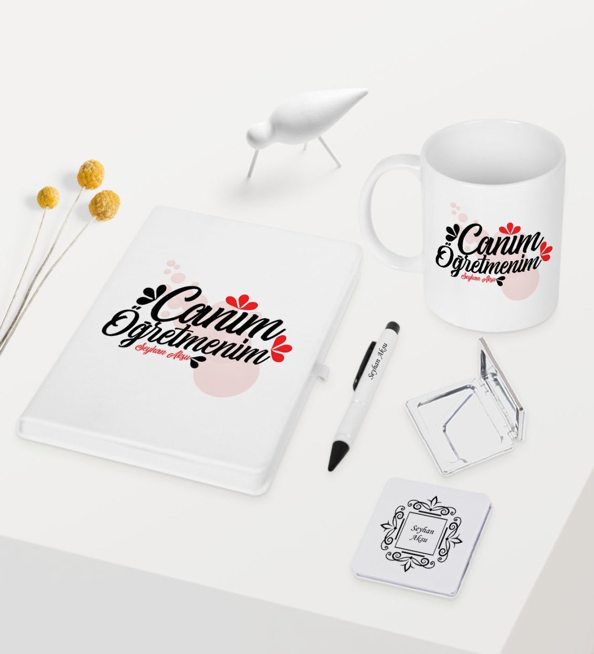Kişiye Özel Canım Öğretmenim Temalı Beyaz Defter Kalem Kupa Ayna Seti - 3