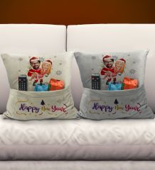BK Gift Kişiye Özel Yılbaşı Karikatür Tasarımlı 2'li Organizer Kumanda ve Atıştırmalık Cepli Krem&Gri Kırlent Yastık- 4, Yılbaşı Hediyesi, Yeni Yıl Hediyeleri