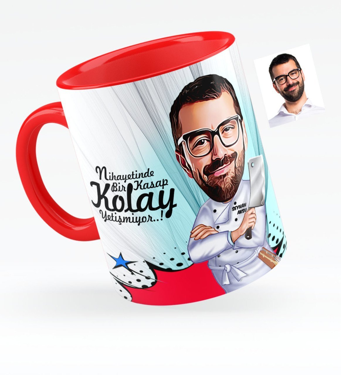 Kişiye Özel Bay Kasap Karikatürlü Kırmızı Kupa Bardak - 1