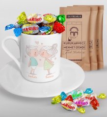 Kişiye Özel Sevgililer Günü Türk Kahvesi Fincanı Mehmet Efendi Kahve ve Haribo Şeker Hediye Seti-108