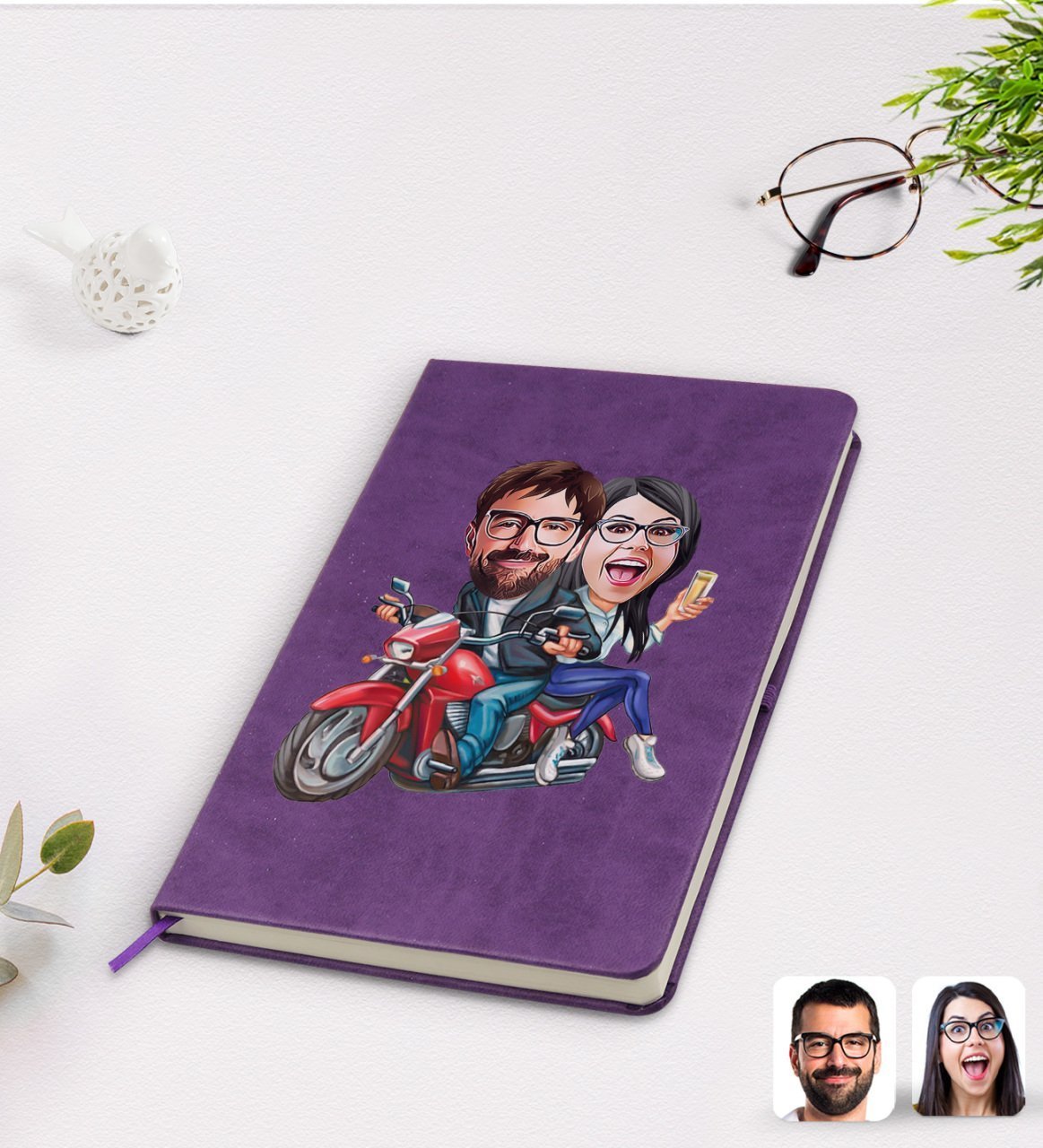 Kişiye Özel Sevgililer Karikatürlü Mor Termo Deri Defter Model 97