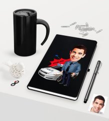 Kişiye Özel Bay Trafik Polisi Karikatürlü Siyah Defter Kalem Termos Mug Seti - 2