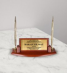 Kişiye Özel AC76-C Gold Çift Kalemli Ceviz Ahşap Masa İsimliği