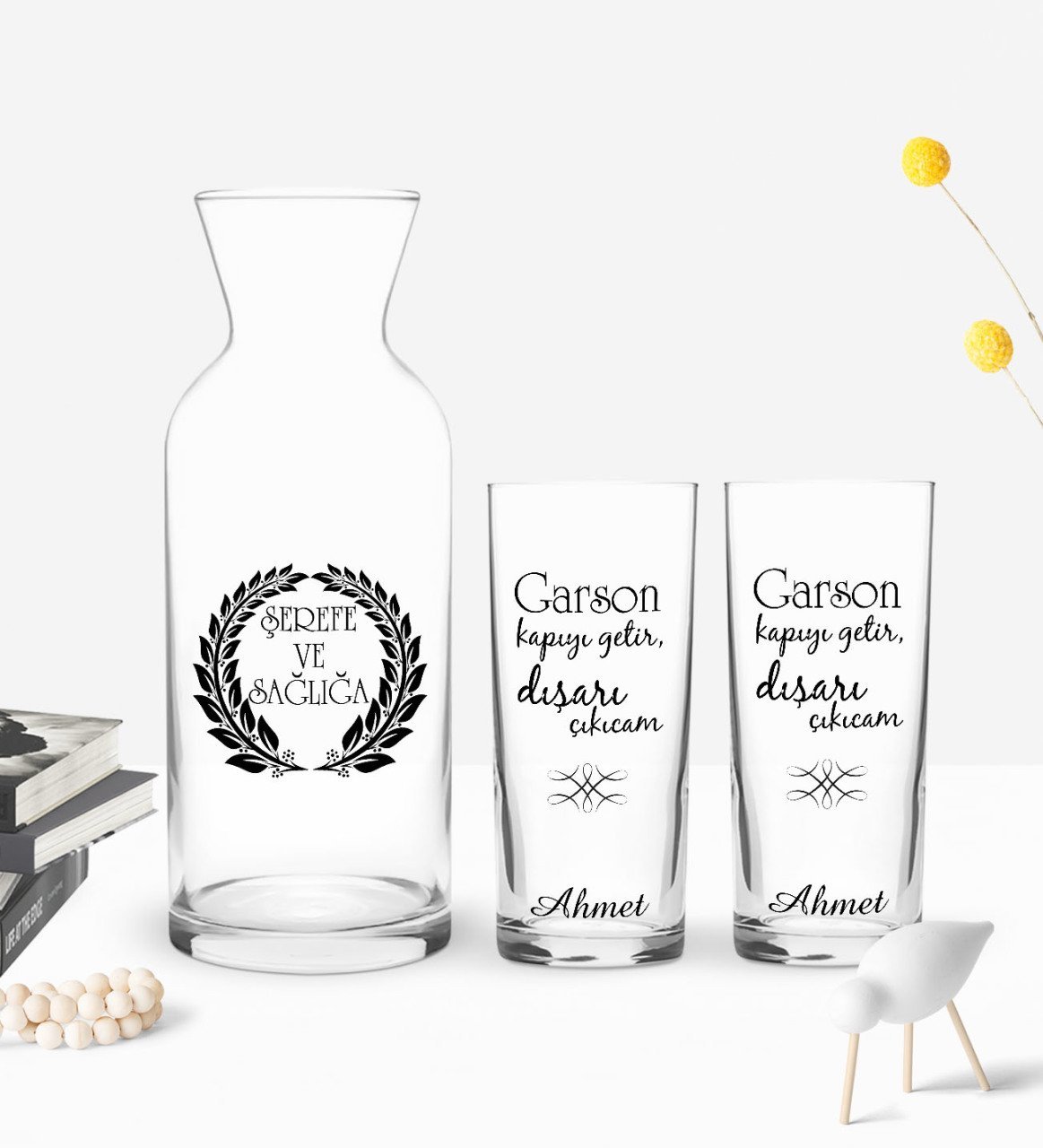 Kişiye Özel Renkli Baskılı Garson Kapıyı Getir Tasarımlı İkili Rakı Bardağı ve Karaf Hediye Seti-1