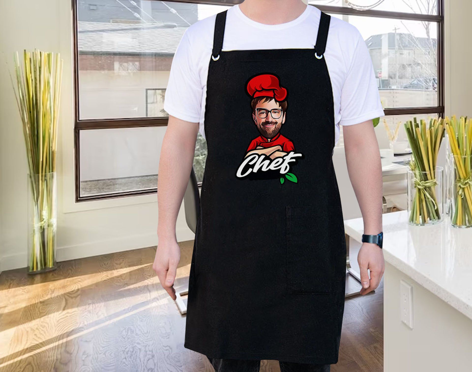BK Gift Kişiye Özel Erkek Chef Karikatürlü Profesyonel Siyah Mutfak Önlüğü, Aşçı Önlüğü, Şef Önlüğü, Arkadaşa Hediye-9