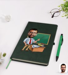 Kişiye Özel Erkek Öğretmen Karikatürlü Yeşil Termo Deri Defter Kalem Seti Model 1