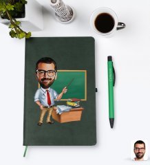 Kişiye Özel Erkek Öğretmen Karikatürlü Yeşil Termo Deri Defter Kalem Seti Model 1