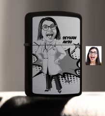Kişiye Özel Bayan Doktor Karikatürlü Benzinli Siyah Metal Çakmak - 1