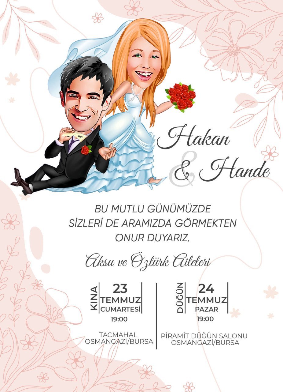 Kişiye Özel Karikatürlü Bitmeyen Düğün Davetiyesi Model 52