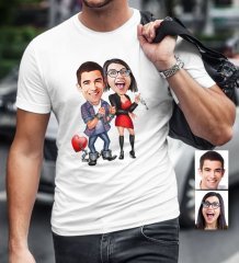 Kişiye Özel Sevgililer Karikatür Beyaz Erkek Tişört - 1
