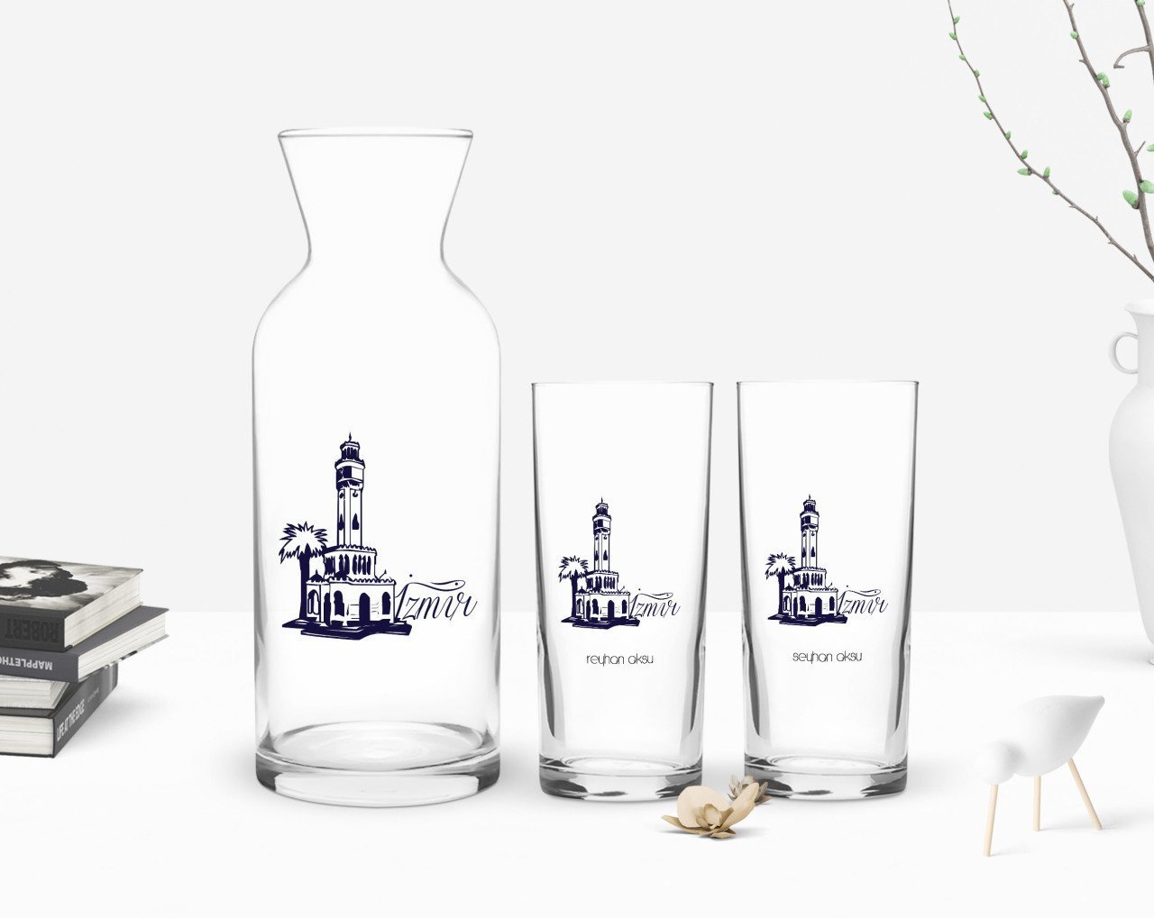 Kişiye Özel Renkli Baskılı İzmir Tasarımlı Turistik İkili Rakı Bardağı ve Karaf Hediye Seti-2