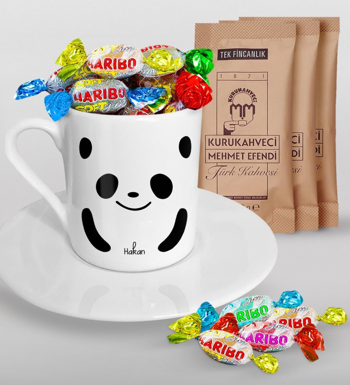 Kişiye Özel Sevgililer Günü Türk Kahvesi Fincanı Mehmet Efendi Kahve ve Haribo Şeker Hediye Seti-107