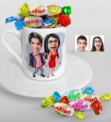 Kişiye Özel Sevgililer Karikatürlü Türk Kahvesi Fincanı ve Haribo Şeker Hediye Seti-4
