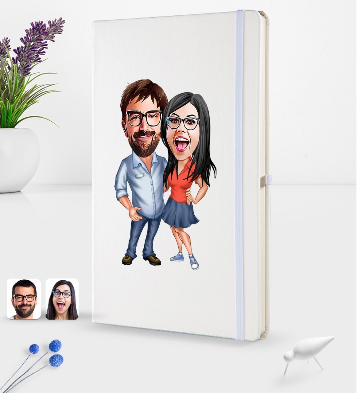 Kişiye Özel Sevgililer Karikatürlü Beyaz Termo Deri Defter 16x24cm Model 105