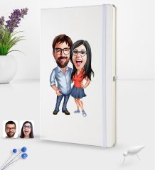 Kişiye Özel Sevgililer Karikatürlü Beyaz Termo Deri Defter 16x24cm Model 105