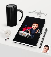 Kişiye Özel Bay Trafik Polisi Karikatürlü Siyah Defter Kalem Termos Mug Seti - 1