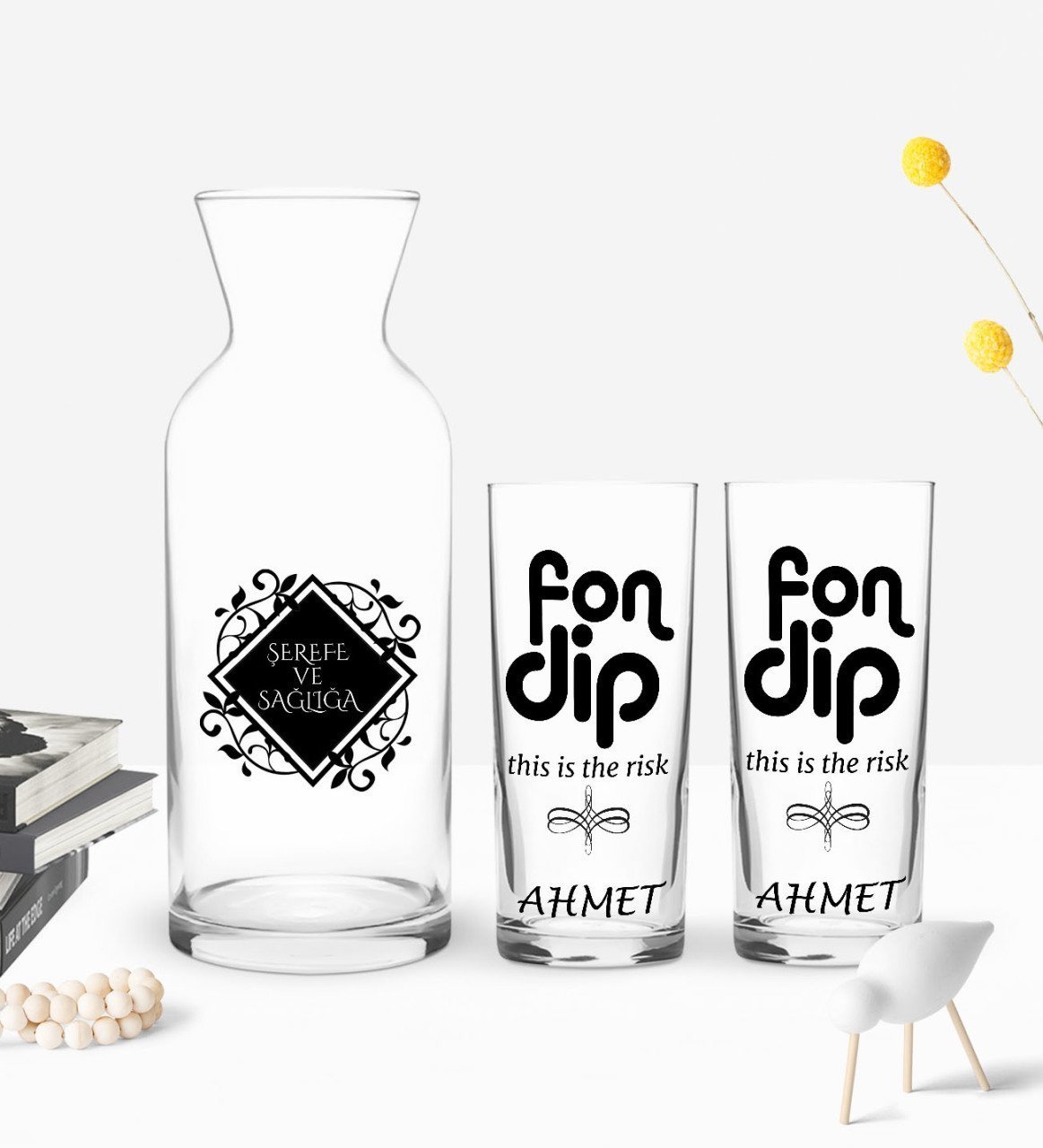 Kişiye Özel Renkli Baskılı Fondip Tasarımlı İkili Rakı Bardağı ve Karaf Hediye Seti-1