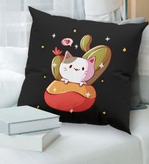 BK Gift Kedi Tasarımlı Premium Kumaş Siyah Kırlent Yastık, Ev Hediyesi, Ev Dekorasyonu, Dekoratif Hediye-8