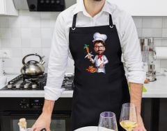 BK Gift Kişiye Özel Erkek Chef Karikatürlü Profesyonel Siyah Mutfak Önlüğü, Aşçı Önlüğü, Şef Önlüğü, Arkadaşa Hediye-8