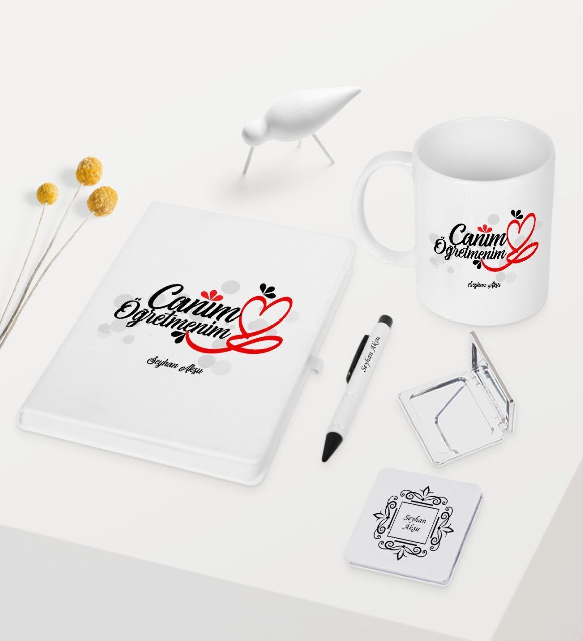 Kişiye Özel Canım Öğretmenim Temalı Beyaz Defter Kalem Kupa Ayna Seti - 1