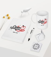 Kişiye Özel Canım Öğretmenim Temalı Beyaz Defter Kalem Kupa Ayna Seti - 1