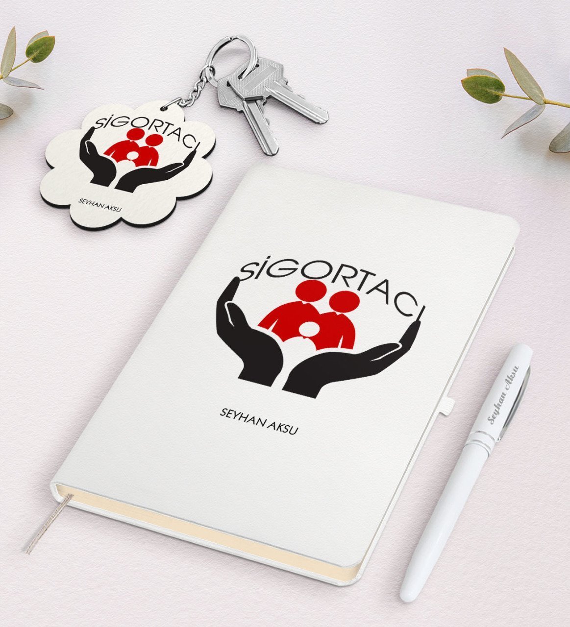Kişiye Özel Sigortacı Beyaz Defter Kalem ve Anahtarlık Hediye Seti