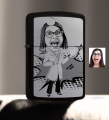 Kişiye Özel Bayan Diş Hekimi Karikatürlü Benzinli Siyah Metal Çakmak - 2