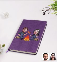 Kişiye Özel Sevgililer Karikatürlü Mor Termo Deri Defter Model 95