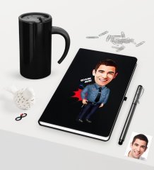 Kişiye Özel Bay Polis Karikatürlü Siyah Defter Kalem Termos Mug Seti - 3