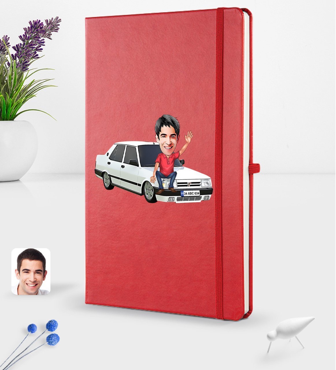 Kişiye Özel Plakalı Erkek Tofaş Doğan SLX Karikatürlü Kırmızı Termo Deri Defter 16x24cm Model 1