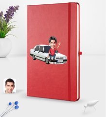 Kişiye Özel Plakalı Erkek Tofaş Doğan SLX Karikatürlü Kırmızı Termo Deri Defter 16x24cm Model 1