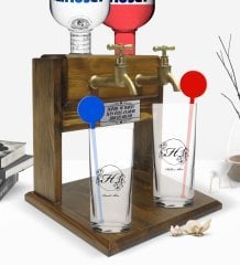 Kişiye Özel Renkli Baskılı Baş Harf İsim Tasarımlı İkili Vodka Bardağı ve Çift Musluklu Doğal Ahşap Vodka Standı-5