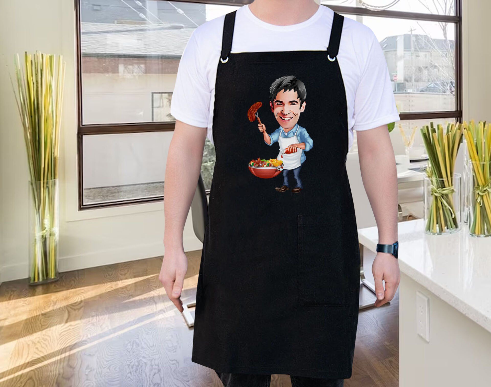BK Gift Kişiye Özel Erkek Chef Karikatürlü Profesyonel Siyah Mutfak Önlüğü, Aşçı Önlüğü, Şef Önlüğü, Arkadaşa Hediye-7