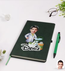 Kişiye Özel Erkek Eczacı Karikatürlü Yeşil Termo Deri Defter Kalem Seti Model 2