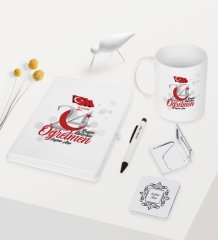 Kişiye Özel Bugün Günlerden Öğretmen Temalı Beyaz Defter Kalem Kupa Ayna Seti - 2