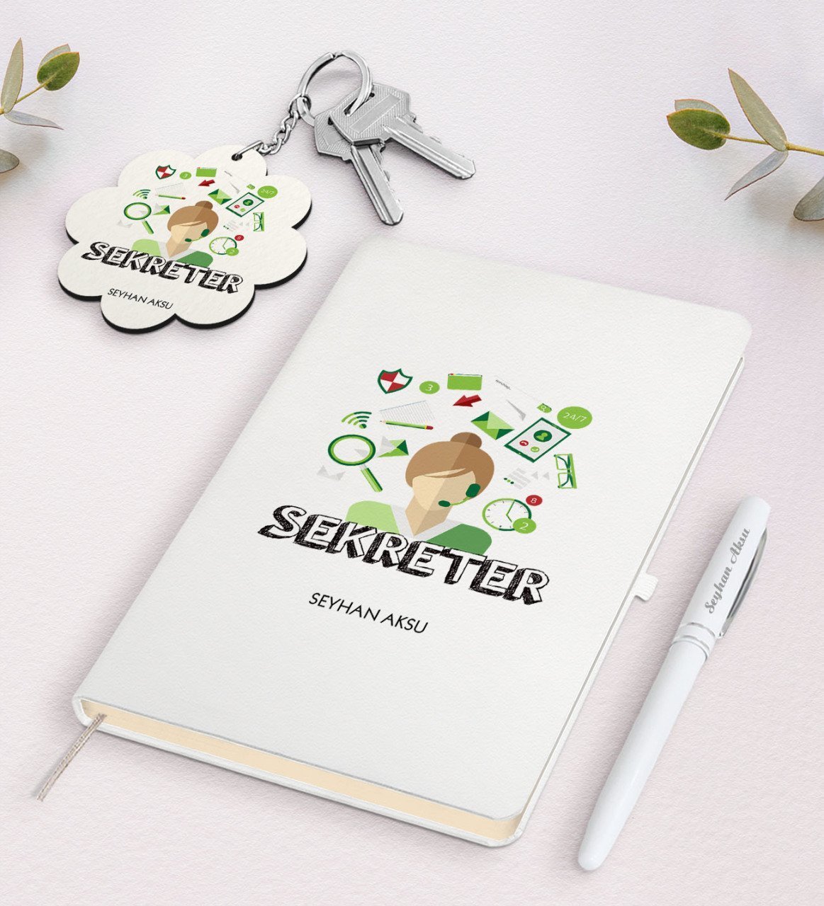 Kişiye Özel Sekreter Beyaz Defter Kalem ve Anahtarlık Hediye Seti