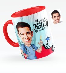 Kişiye Özel Bay Hemşir Karikatürlü Kırmızı Kupa Bardak - 1