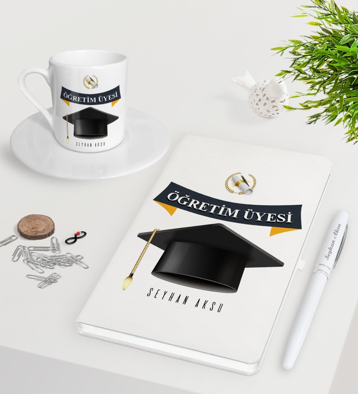 Kişiye Özel Öğretim Üyesi Beyaz Defter Kalem Türk Kahvesi Fincanı Seti-1